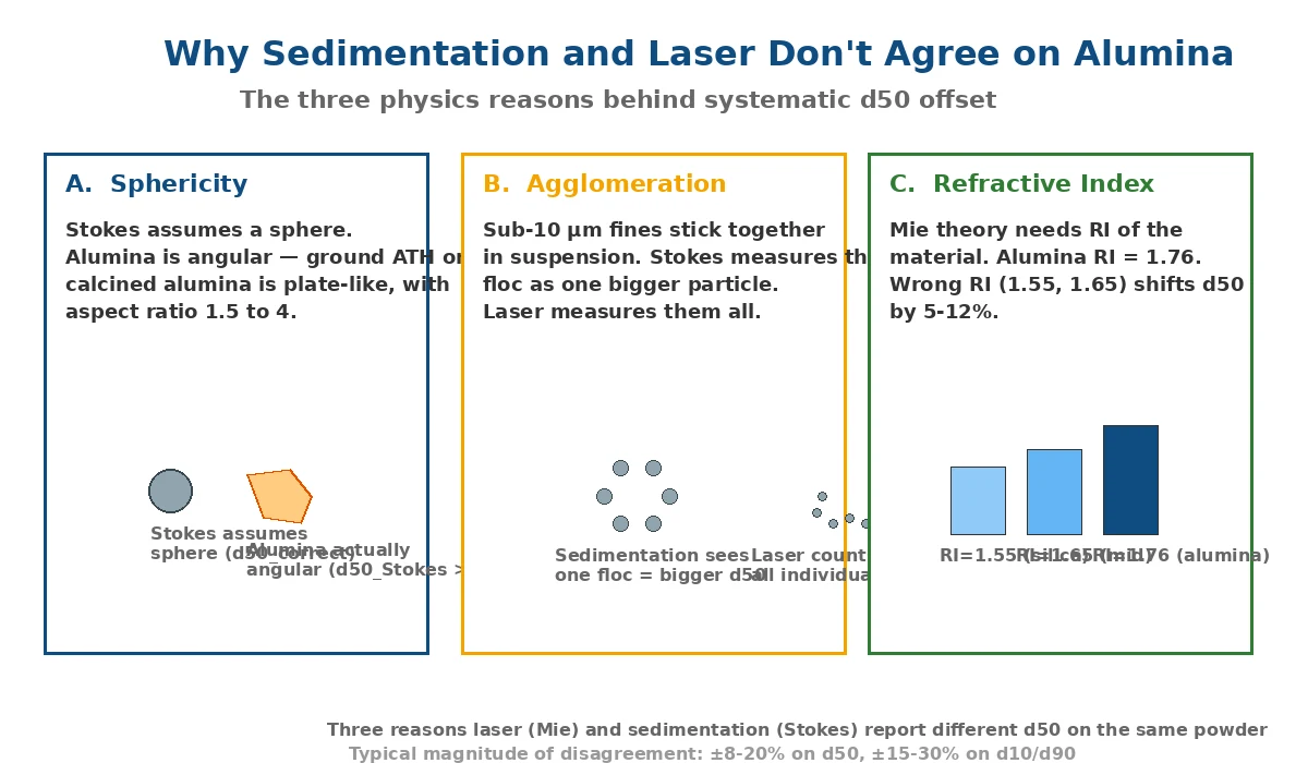 Three physics reasons laser diffraction and sedimentation disagree on alumina powder PSD