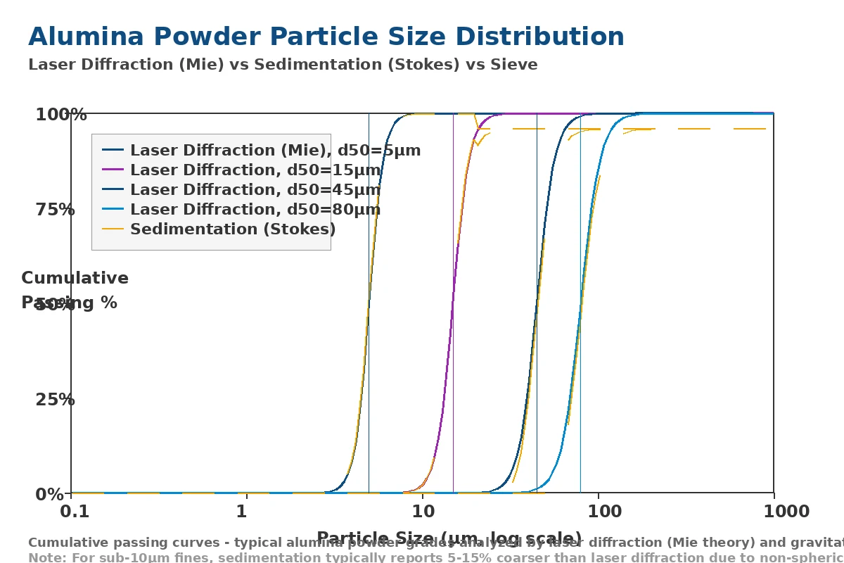 Cumulative passing PSD curves for four alumina powder grades by laser diffraction and sedimentation