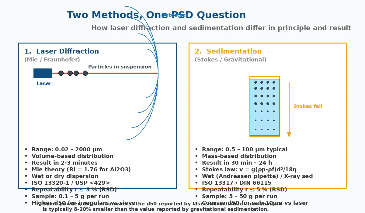 Two methods, one PSD question — laser diffraction instrument vs sedimentation cylinder compared on principle and result