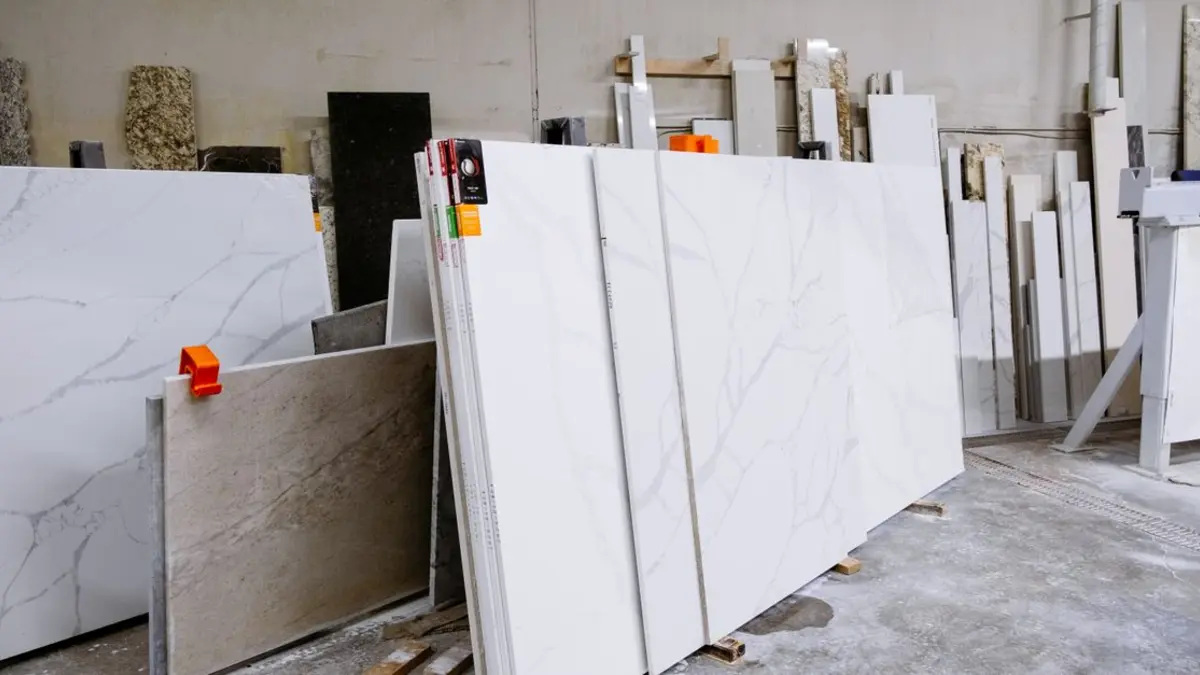 Aluminum hydroxide (ATH) filled solid surface countertop slab being polished