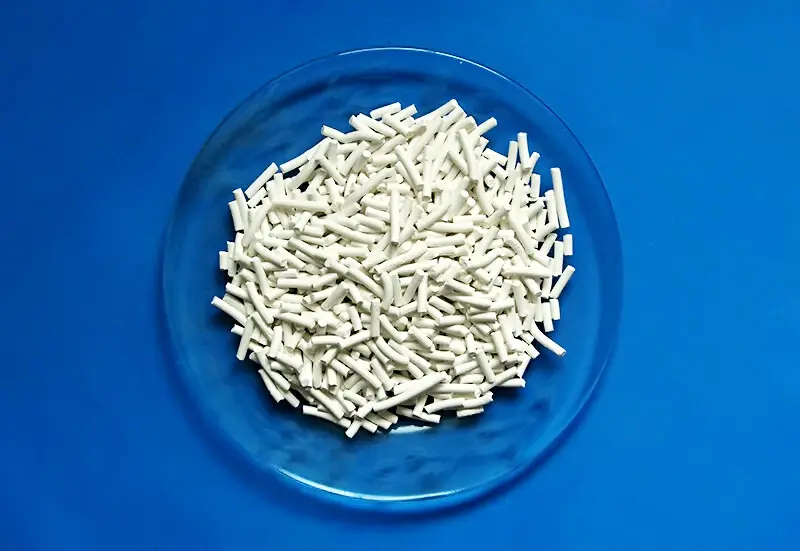 Comparison of gamma-alumina, eta-alumina, and alpha-alumina catalyst carrier beads used in hydrodesulfurization (HDS) service, showing surface morphology differences