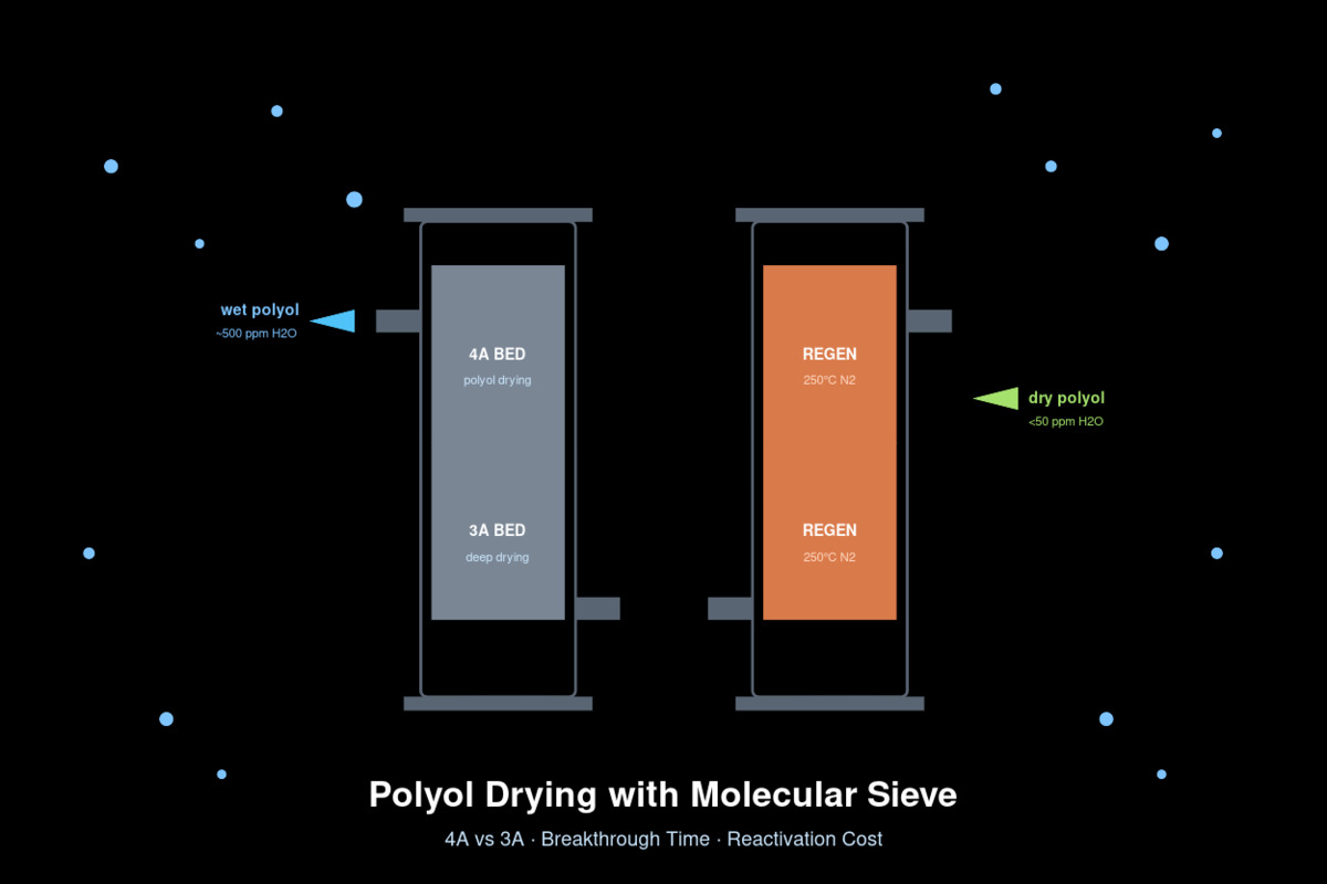 Twin-tower molecular sieve polyol drying system showing 4A and 3A beds in adsorption and regeneration cycles